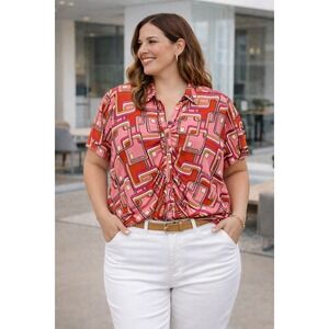 Cato Womens‎ Top 18 Pink Geometric Jersey Knit Ruched Front Button Retro Classic